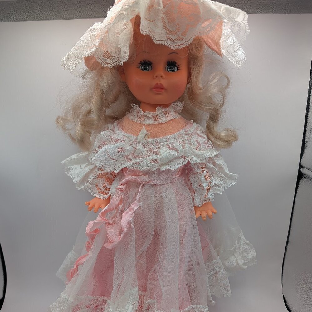 Vintage 1970-80's Regal Canada 18" Sleep Eye Doll Pink Dress Hat Lace Coquette